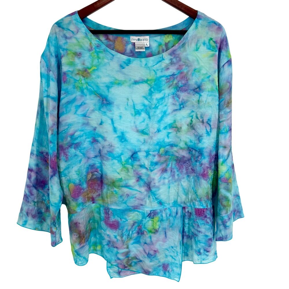 IVY REED Womens Sz Large Wearable Art Blue Tropical Beach Ocean Blouse Shirt Top